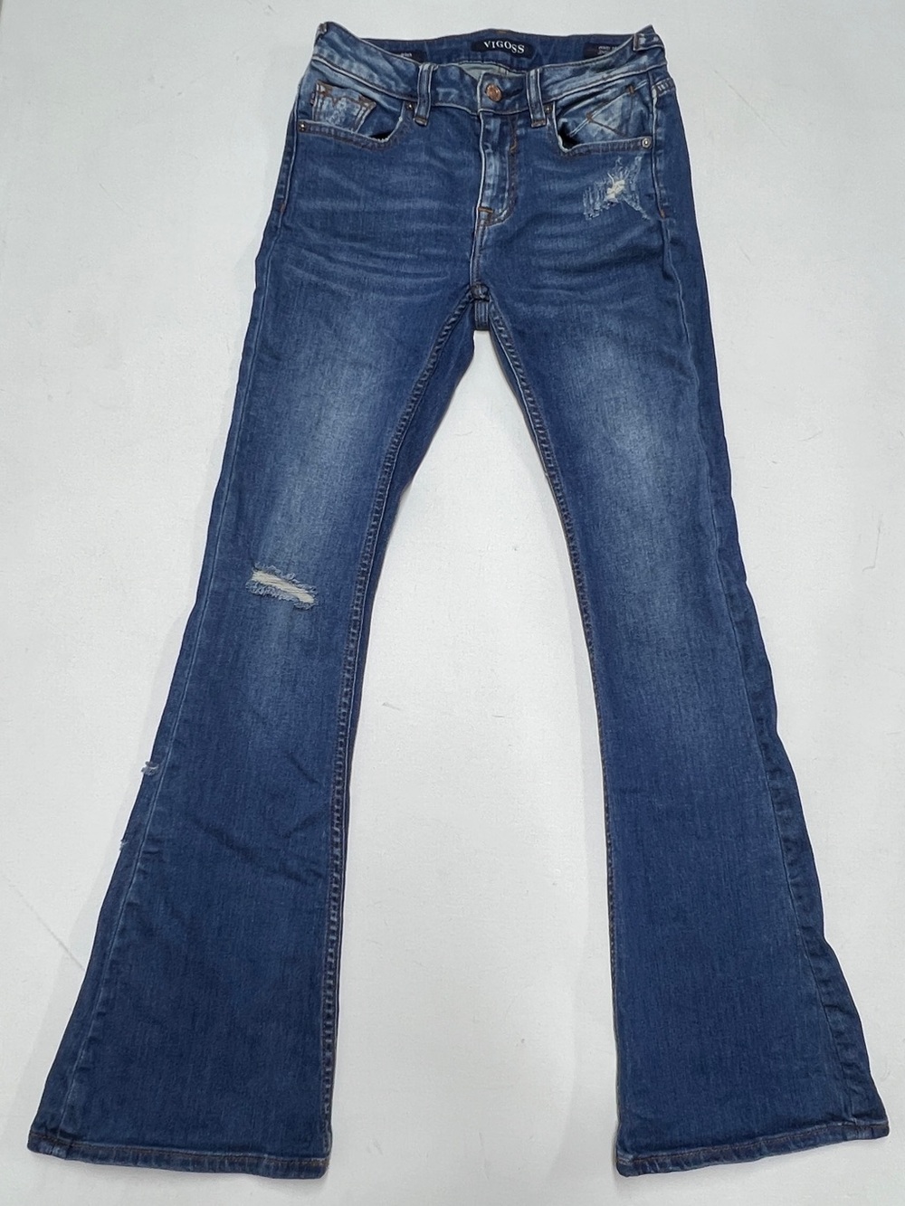 Vigoss The Jagger Flare Jeans Women Size 24  Blue Distressed Stretch Denim